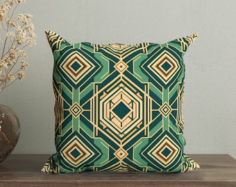 Geometric Art Deco Throw Pillow and Cushion Cover, Emerald Green and Gold Retro Decorative Pillow, Unique Accent Piece for Modern Home Decor