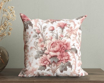 Vintage Victorian Floral Cushion, Pink Victorian Pillow Cover, Pink Flowers Decorative Pillow, Retro Throw Pillow, Chic Farmhouse Home Decor
