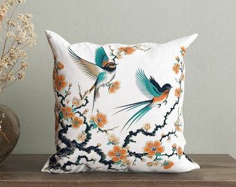 Funda de cojín con pájaros chinoiserie, funda de cojín japonesa, cojín decorativo asiático, cojín decorativo oriental, acento de ramas florecientes, decoración asiática