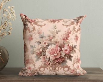 Pink Victorian Pillow Cover with Roses, Vintage Floral Cushion, Victorian Roses Decorative Pillow, Flowers Throw Pillow, Old Farmhouse Decor