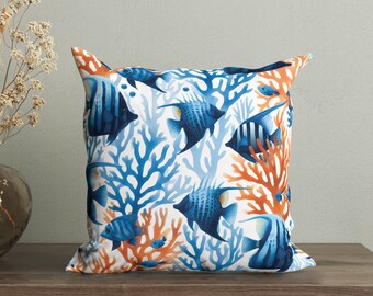 Funda de almohada de arrecife de coral con peces, cojín náutico para casa de playa, cojín decorativo costero con peces, cabaña costera azul y naranja