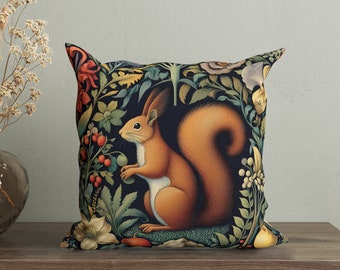 William Morris Inspired Squirrel in a Forest Pillow Cover, Red Squirrel Pillow, Cottagecore Throw Pillow, Country Farmhouse Cushion, Cabin