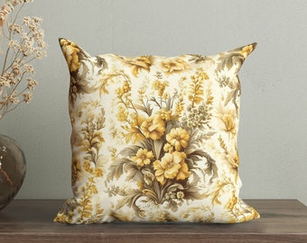 Vintage Yellow Floral Pillow Cover, Victorian Decorative Pillow, Yellow Flowers Cushion, Chic Farmhouse Throw Pillow, Rustic Country Decor