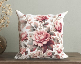 Vintage Roses Cushion, Pink Victorian Pillow Cover, Floral Decorative Pillow with Roses, Throw Pillow with Flowers, Chic Farmhouse Decor
