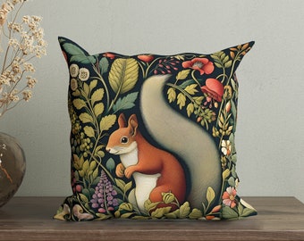 William Morris Inspired Squirrel Pillow Cover, Old Farmhouse Squirrel Pillow, Cottagecore, Floral Throw Pillow, Enchanted Botanical Cushion