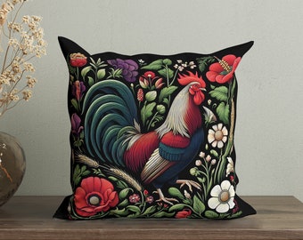 William Morris Inspired Red Rooster Pillow Cover, Country Farmhouse Junglefowl, Cottagecore Floral Throw Pillow, Forest Botanical Cushion