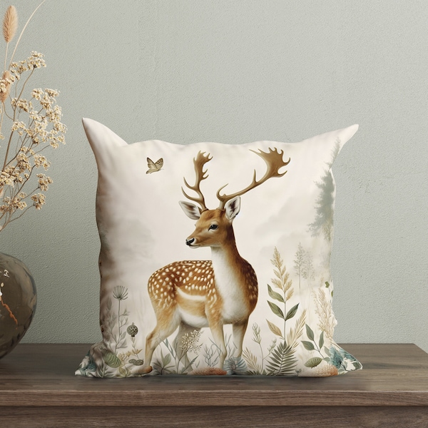 Chic Farmhouse Deer Pillow Cover, Nature-themed Botanical Cushion Cover, Wildlife Decorative Pillow, Fawn Throw Pillow, Rustic Home Decor