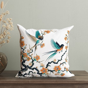 Chinoiserie Birds Pillow Cover, Japanese Cushion Cover, Asian Decorative Pillow, Oriental Throw Pillow, Bloming Branches Accent, Asian Decor