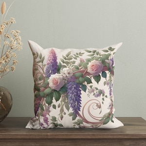 Chic Wisteria Pillow Cover, Vintage Lavender Cushion Cover, Floral Decorative Pillow with Roses, Lilac Throw Pillow, Country Farmhouse Decor