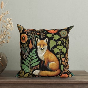William Morris Inspired Orange Fox Pillow Cover, Farmhouse Fox Pillow, Cottagecore, Animal Throw Pillow, Botanical Forestcore Cushion Cover