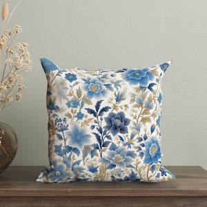 Blue and Gold Floral Pillow Cover, Vintage Botanical Cushion Cover, Elegant Decorative Pillow, Victorian Throw Pillow, Chic Farmhouse Decor