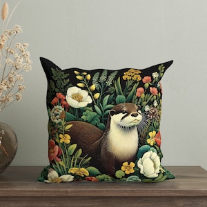 William Morris Inspired Otter Forest Pillow Cover, Country Farmhouse Pillow, Cottagecore, Floral Throw Pillow, Botanical Cushion with Otter
