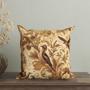 Vintage Sepia William Morris Cushion Cover, Whimsical Birds Pillow, Retro Floral Throw Pillow, Botanical Farmhouse Decor, Old Tapestry