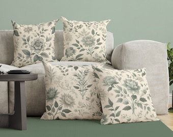 Funda de cojín y cojín decorativo con diseño floral en verde salvia y crema, 4 estilos, estilo vintage con flores, estilo rústico victoriano.