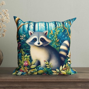 Funda de almohada con diseño de mapache, estilo Morris, cojín decorativo Enchanted Woods, almohada para silla con divertidos y lindos animales del bosque, porche diminuto