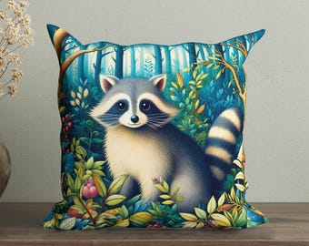 Vibrant Morris Style Whimsical Raccoon Pillow Case, Enchanted Woods Decorative Cushion, Funny Cute Woodland Animal Chair Pillow, Tiny Porch