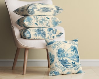 Country French Toile Pillow Cover, Farmhouse Chic Cushion with Toile Print, Vintage Victorian Throw Pillow, Decorative Pillow Case, 4 Styles