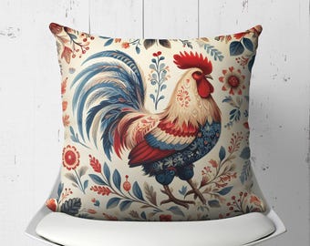 French Country Pillow Cover with Red Rooster, Traditional Cushion Cover, Vintage Farmhouse Throw Pillow, Cozy Animal Cushion, Rustic Decor