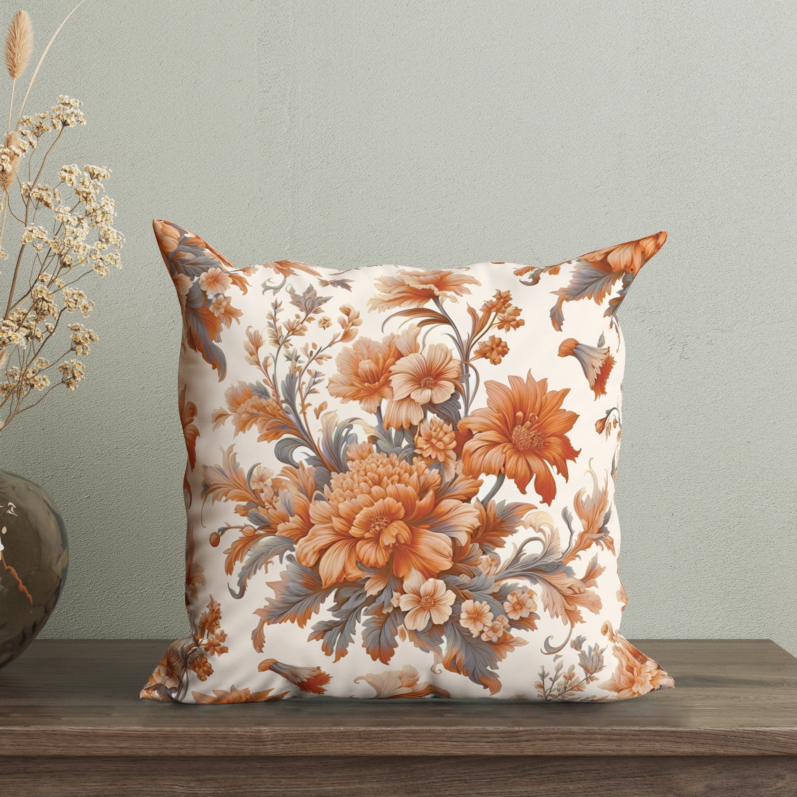 Vintage Floral Pillow Covers 18x18 Set Of 2 - Burnt Orange Navy Blue Botanical Cushion Cases - View #6