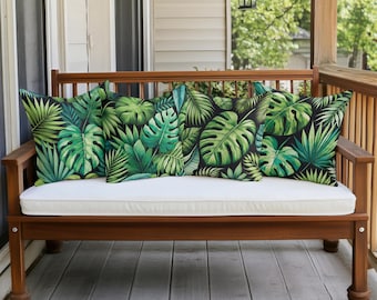Black Green Tropical Monstera Leaves Outdoor Throw Pillow, Exotic Summer Cushion Cover, Decorative Outdoor Pillow Case, Beach Patio Decor