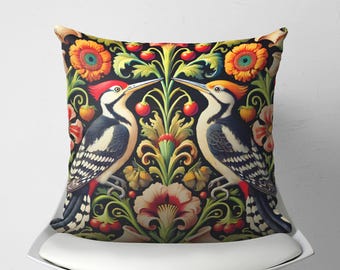 William Morris Woodpecker Pillow Cover, Arts & Crafts Floral Cushion, Nature Inspired Home Decor, Eclectic Accent Pillow