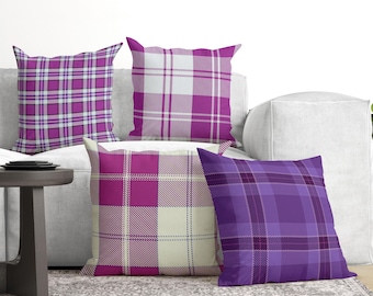 Purple Plaid Decorative Pillow and Cushion Cover, 4 Styles, Magenta Throw Pillow with Modern Tartan Print, Traditional Farmhouse Decor