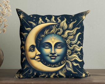 Vintage Celestial Pillow Cover, Mystical Sunburst and Crescent Moon Throw Cushion, Eclectic Boho Decor, Bohemian Decorative Pillow Case
