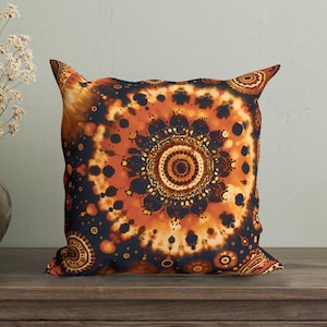 Retro Abstract Orange Black Tie Dye Pillow Cover with Faded Tie Dye Print, Abstract Decorative Throw Pillow for Boho Decor, Bohemian Cushion
