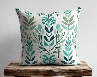 Geometriskt akvagrönt botaniskt örngott, modern lövkudde, minimalistisk naturinspirerad vit prydnadskudde, livfull och fräsch heminredning