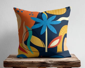 Blue Orange Abstract Throw Pillow Cover, Vibrant Modern Cushion for Couch, Colorful Yellow Pillow Case for Bedroom Decor, 14 16 18 20 24 26