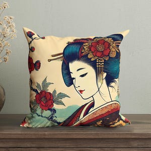 Traditional Japanese Decorative Accent Pillow, Geisha Portrait Throw Pillow, Asian Inspired Cushion Case, Antique Japan Style Living Room