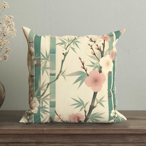 Funda de almohada japonesa con estilo zen chic, decoración de bambú y flores de cerezo, bonita decoración japonesa, cojín chinoiserie chic, funda de almohada japonesa asiática