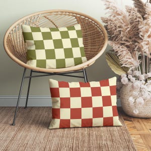 Aesthetic Cream Checkered Lumbar Throw Pillow, Insert Included, Pastel Checks Lumbar Cushion, Modern Checked Decorative Pillow for Sofa