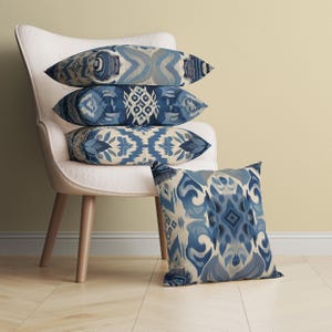 Blue Ikat Throw Pillow, Blue Turkish Cushion Cover, 3 Styles, Abstract Decorative Pillow, Minimal Geometric Accent, Turkish Home Decor
