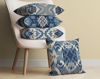Cojín Ikat azul, funda de cojín turco azul, 3 estilos, cojín decorativo abstracto, acento geométrico minimalista, decoración turca para el hogar