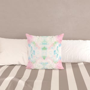 Pink Green Blue Mirrored Art Throw Pillow, Pastel Watercolor Decorative Pillow, College Girl Dorm Decor, Modern Abstract Art Cushion Cover image 6