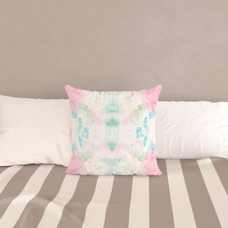 Pink Green Blue Mirrored Art Throw Pillow, Pastel Watercolor Decorative Pillow, College Girl Dorm Decor, Modern Abstract Art Cushion Cover image 6