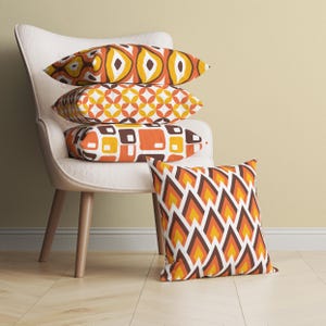 Orange Yellow Brown White Mid Century Modern Decorative Pillow Cover, Retro Throw Pillow, Geometric Vibrant Cushion for Couch, 14x14 - 26x26