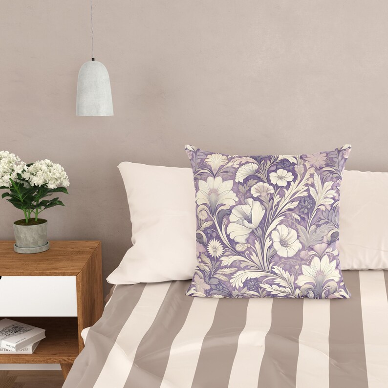 Lilac Floral William Morris Cushion Cover, Vintage Pillow Cover, Lavender Decorative Pillow, Chic Farmhouse Decor, Purple Home Accent image 4