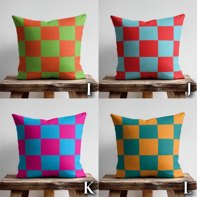 The image is a collage of four different pillow designs, each with a unique color and pattern. The pillows are arranged on wooden stools, with each pillow placed on a different stool. The pillows are positioned in a way that showcases their vibrant colors and patterns, creating a visually appealing display.