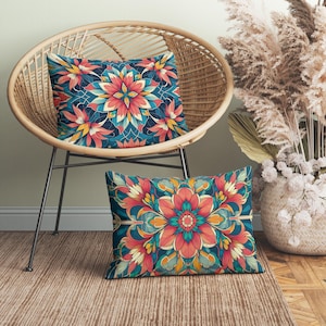 Art Nouveau Floral Lumbar Pillow, Insert Included, Teal Geometric Boho Chic Decorative Pillow, Vintage Bohemian Throw Pillow, Lumbar Cushion