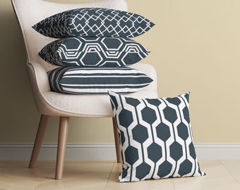 Modern Charcoal Geometric Throw Pillow Cover, Dark Gray Pillow Case, Grey Accent Pillowcase, Anthracite Decorative Cushion, 8 Patterns