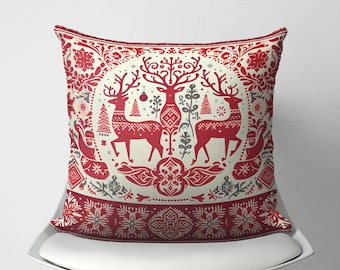 Traditional Scandinavian Christmas Reindeer Pillow Cover, Nordic Yuletide Throw Cushion, Swedish Decor, Norwegian Christmas, Yule Pillow