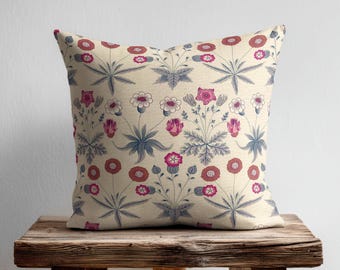 Botanical Flower Throw Pillow Cover, Cream Floral Decor Cushion Case, Cottagecore Home Accent, Farmhouse Living Room Pillow, Pink Blue