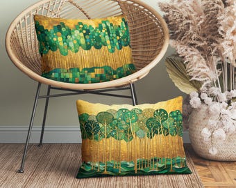 Golden Yellow & Green Klimt Lumbar Pillow with Abstract Trees, Eclectic Lumbar Throw Pillow with Insert, Gustav Klimt Gold Bedroom Decor