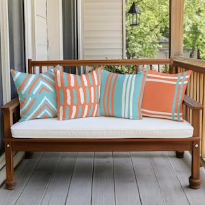 Coral & Blue Chic Coastal Waterproof Outdoor Cushion, Abstract Geometric Decorative Outdoor Throw Pillow, Modern Deck Decor, 8 Styles