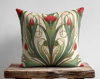 Floral Art Nouveau Throw Pillow Cover, Red Gold Flowers Decorative Cushion, Elegant Pillow Case, Retro Art Nouveau Living Room Bedroom Decor