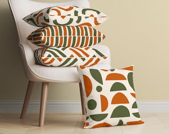 Funda de almohada abstracta moderna de mediados de siglo, color verde oliva y naranja, con diseño geométrico, funda de cojín decorativa de diseño MCM, 14, 16, 18, 20, 24 y 26