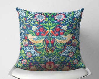 Fodera per cuscino decorativo "Strawberry Thief" di William Morris, originale federa decorativa floreale vintage per divano, stile Art Nouveau.