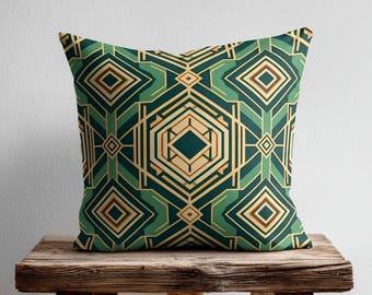 Cojín decorativo y funda de almohada Art Déco geométricos, almohada decorativa retro en verde esmeralda y dorado, pieza única para la decoración del hogar moderno.